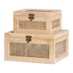 Kirkland's Home Natural Rat And Glass Top Boxes, Set Of 2- Baskets & Boxes