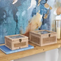 Kirkland's Home Natural Rat And Glass Top Boxes, Set Of 2- Baskets & Boxes