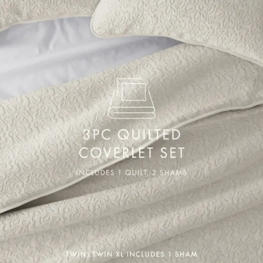 Kirkland's Home Natural Stitched Floral 3-Pc. Queen Quilt Set- Quilts