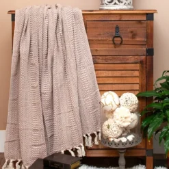 Kirkland's Home Natural Striped Woven Tassel Throw- Blankets & Throws