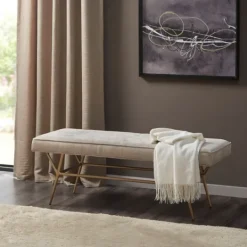 Kirkland's Home Natural Tufted Upholstery Tapered Leg Bench- Benches & Ottomans