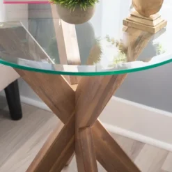 Kirkland's Home Natural Wood And Glass Top X-Base Accent Table- Accent & End Tables
