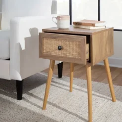 Kirkland's Home Natural Wood And Rat Drawer Accent Table- Accent & End Tables