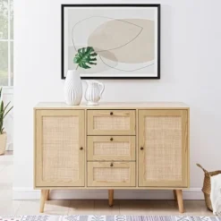 Kirkland's Home Natural Wood And Rat 3-Drawer Sideboard- Cabinets & Sideboards