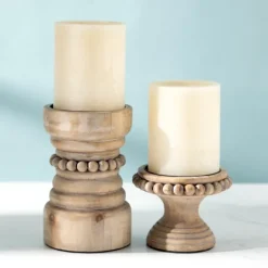 Kirkland's Home Natural Wood Beaded Pillar Candle Holder, 8 In.- Candle Holders