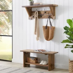 Kirkland's Home Natural Wood Bench And Hooks 2-Pc. Hall Tree Set- Entryway Furniture