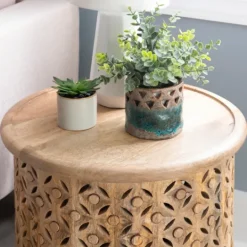 Kirkland's Home Natural Wood Carved Diamonds Accent Table- Accent & End Tables