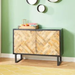Kirkland's Home Natural Wood Mosaic Paneling Cabinet- Cabinets & Sideboards