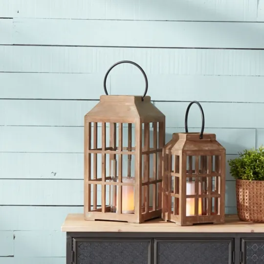 Kirkland's Home Natural Wood Windowpane Lantern, 17 In.- Lanterns