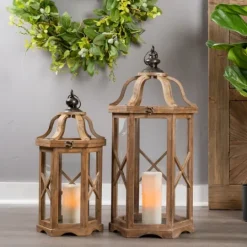 Kirkland's Home Natural Wood X-Frame Lanterns, Set Of 2- Lanterns