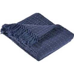 Kirkland's Home Navy And Cream Stitch Fringe Throw- Blankets & Throws