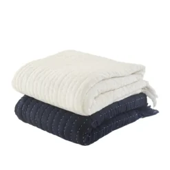 Kirkland's Home Navy And Cream Stitch Fringe Throw- Blankets & Throws