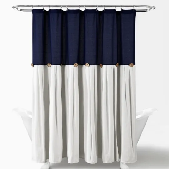 Kirkland's Home Navy And White Button Accent Linen Shower Curtain- Shower Curtains