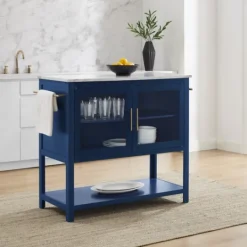 Kirkland's Home Navy And White Marble Top Kitchen Island- Kitchen Islands & Bar Carts