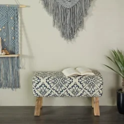 Kirkland's Home Navy And White Upholstered Scroll Bench- Benches & Ottomans