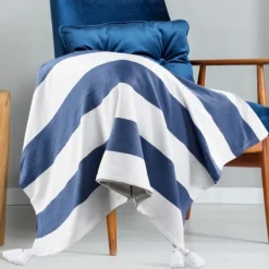 Kirkland's Home Navy Cabana Stripe Tassel Throw- Blankets & Throws