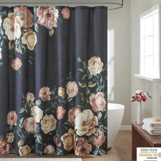 Kirkland's Home Navy Floral Cotton Shower Curtain- Shower Curtains