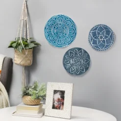 Kirkland's Home Navy Floral Metal Plate Wall Plaques, Set Of 3- Wall Plaques