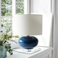 Kirkland's Home Navy Glass Short Oval Table Lamp- Table Lamps