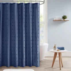 Kirkland's Home Navy Jacquard Pom Pom Cotton Shower Curtain- Shower Curtains