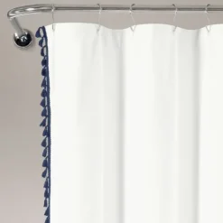 Kirkland's Home Navy Melora Tasseled Border Shower Curtain- Shower Curtains