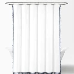 Kirkland's Home Navy Melora Tasseled Border Shower Curtain- Shower Curtains
