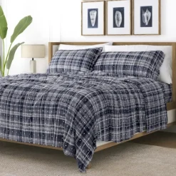 Kirkland's Home Navy Plaid Polka Dot 3-Pc. Twin Sheet Set- Bed Sheets