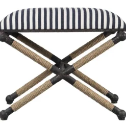 Kirkland's Home Navy Striped Seat And Black Metal Ottoman- Benches & Ottomans