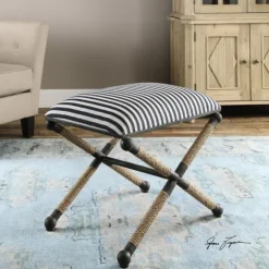 Kirkland's Home Navy Striped Seat And Black Metal Ottoman- Benches & Ottomans