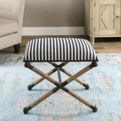Kirkland's Home Navy Striped Seat And Black Metal Ottoman- Benches & Ottomans
