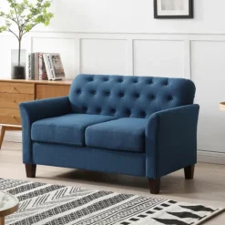 Kirkland's Home Navy Upholstered Button Tufted Loveseat- Sofas & Loveseats