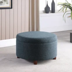 Kirkland's Home Navy Upholstered Round Storage Ottoman- Benches & Ottomans