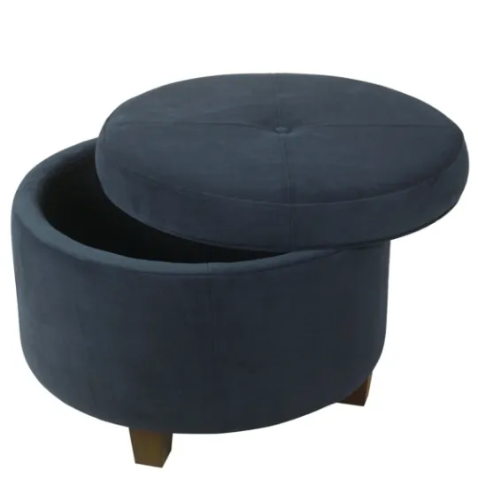 Kirkland's Home Navy Velvet Upholstered Round Storage Ottoman- Benches & Ottomans