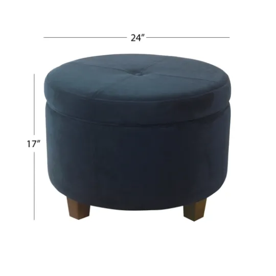 Kirkland's Home Navy Velvet Upholstered Round Storage Ottoman- Benches & Ottomans