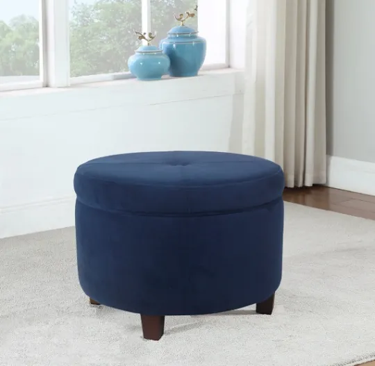 Kirkland's Home Navy Velvet Upholstered Round Storage Ottoman- Benches & Ottomans