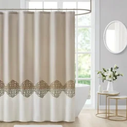 Kirkland's Home Neutral Block Embroidered Shower Curtain- Shower Curtains