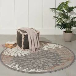 Kirkland's Home Neutral Floral Burst Outdoor Round Area Rug, 5 Ft.- Outdoor Rugs