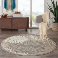 Kirkland's Home Neutral Floral Burst Outdoor Round Area Rug, 5 Ft.- Outdoor Rugs