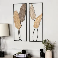 Kirkland's Home Neutral Leaves Metal Wall Plaques, Set Of 2- Wall Plaques