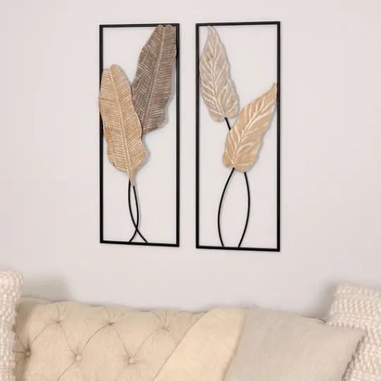 Kirkland's Home Neutral Leaves Metal Wall Plaques, Set Of 2- Wall Plaques