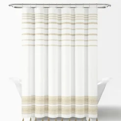 Kirkland's Home Neutral Striped And Tasseled Shower Curtain- Shower Curtains