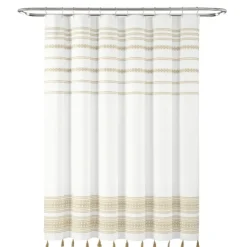 Kirkland's Home Neutral Striped And Tasseled Shower Curtain- Shower Curtains