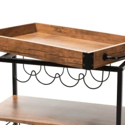 Kirkland's Home Oak And Black Metal Bar Cart With Bottle Rack- Kitchen Islands & Bar Carts