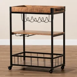 Kirkland's Home Oak And Black Metal Bar Cart With Bottle Rack- Kitchen Islands & Bar Carts