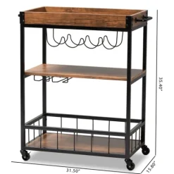 Kirkland's Home Oak And Black Metal Bar Cart With Bottle Rack- Kitchen Islands & Bar Carts