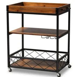 Kirkland's Home Oak And Black Metal Bar Cart With Stemware Rack- Kitchen Islands & Bar Carts