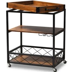 Kirkland's Home Oak And Black Metal Bar Cart With Stemware Rack- Kitchen Islands & Bar Carts