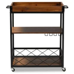 Kirkland's Home Oak And Black Metal Bar Cart With Stemware Rack- Kitchen Islands & Bar Carts