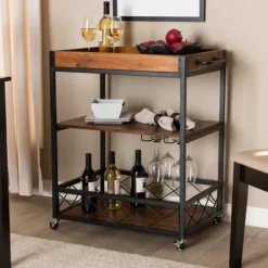 Kirkland's Home Oak And Black Metal Bar Cart With Stemware Rack- Kitchen Islands & Bar Carts