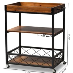 Kirkland's Home Oak And Black Metal Bar Cart With Stemware Rack- Kitchen Islands & Bar Carts